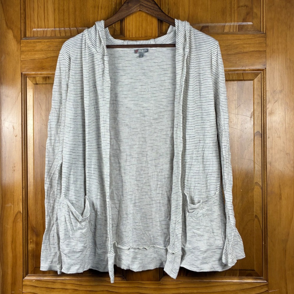 Talbots Womens MP Grey White Striped Hooded Open Front Cotton Cardigan Sweater